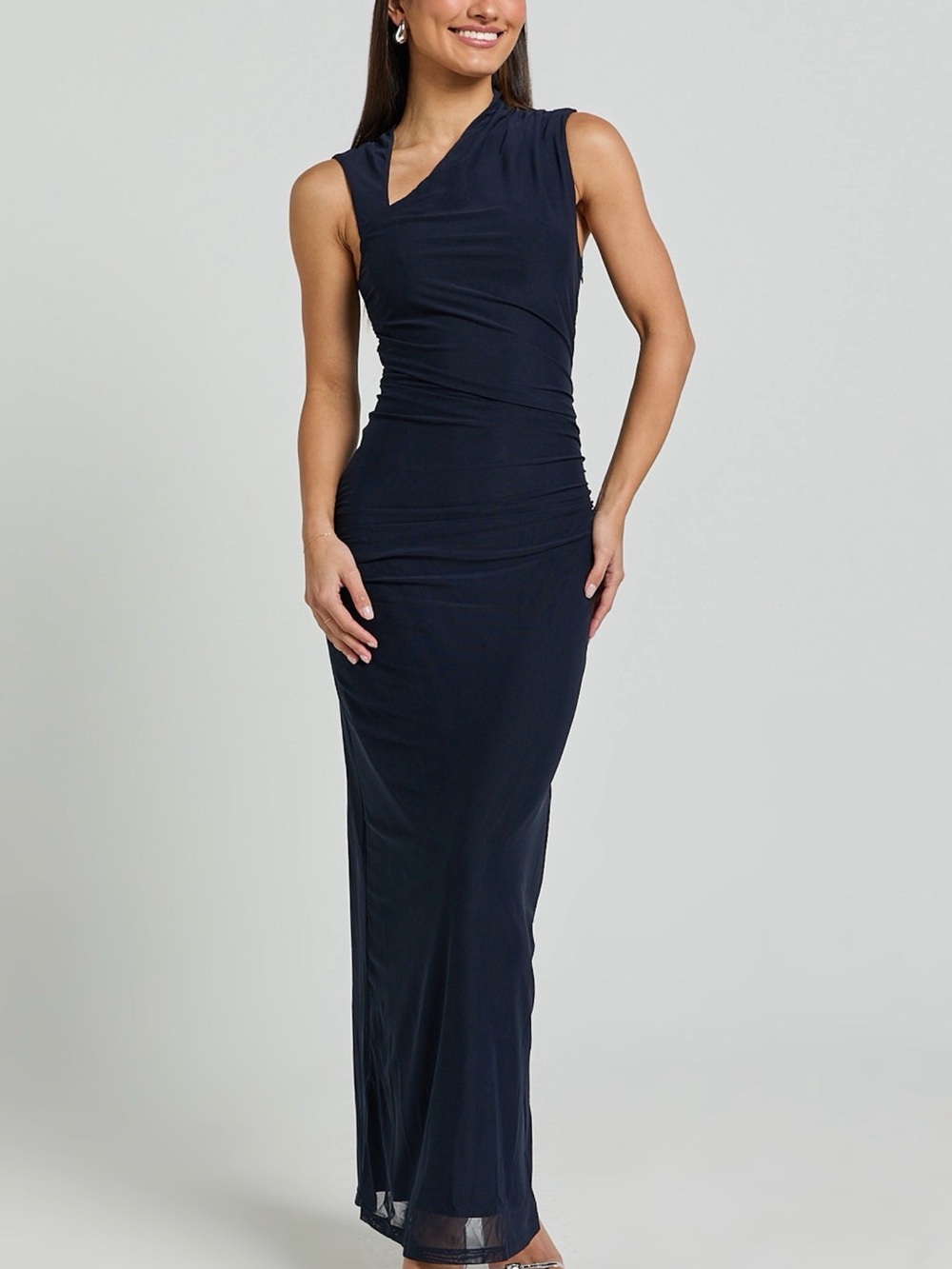 Showpo Navy Lara Midi Dress Asymmetrical Ruched Mesh Dress Navy